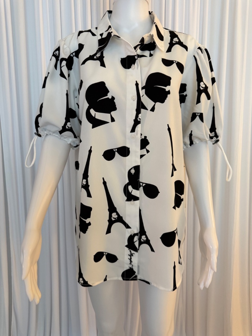 Karl Lagerfeld Paris Eiffel Tower Graphic Blouse L NWOT Toggle Sleeve Shirt - Picture 2 of 16